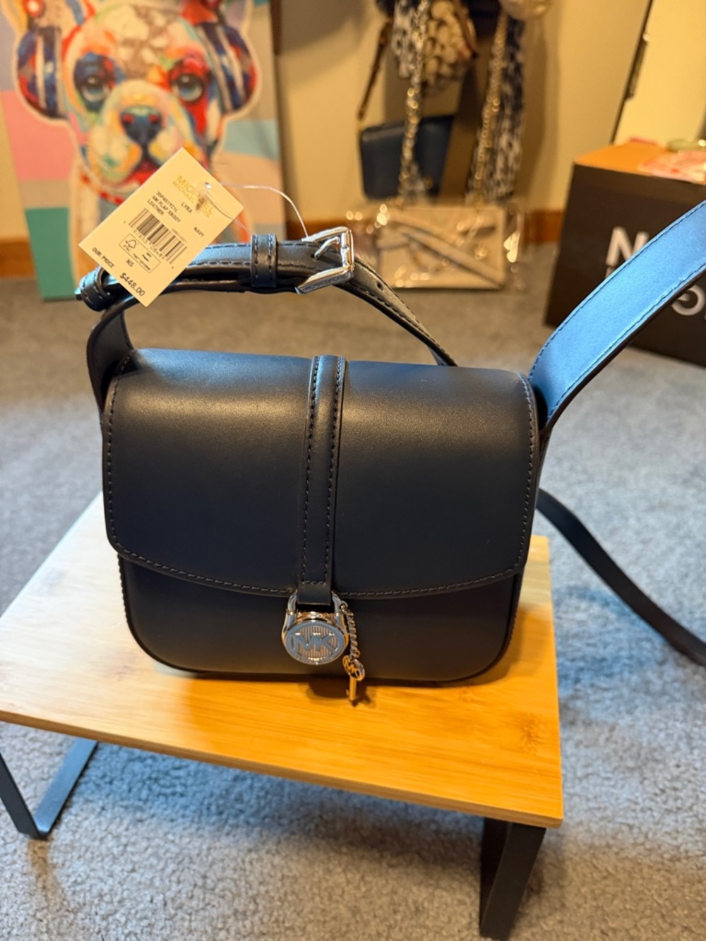 Michael Kors Blue Leather Crossbody with MK Charm - Picture 2 of 9
